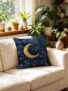 1pc Gold Moon & Stars Pillow Case, Blue Night Sky And Moon Design, 18*18 Inches, Soft Short Plush, Zipper Closure, Suitable For Living Room Sofa Bedroom Bed Head Decor Cushion Cover, Pillow Insert Not Included - Multicolor - View 7