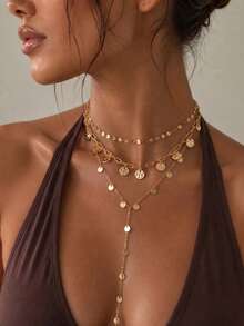 3pcs French Vintage Style Copper Layered Embossed Roman Coin Pendant Y-Shaped Tassel Collarbone Chain Necklace Set, Suitable For Women Daily, Vacation, Party, Gathering, Gift, Heavy Baroque Style Accessory - Gold - View 1