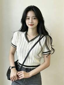 女士撞色滚边V领短袖针织上衣 白色 夏季 - 白色 - 查看 4