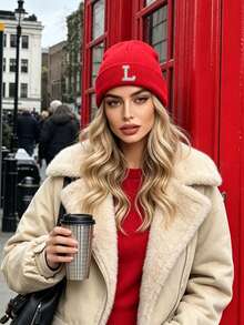 1pc Adult Women Red Bling Pearl Rhinestone Letter Beanie, Stylish Custom A‑Z Initial Cuffed Skull Hat, Elastic Fashionable Solid Color Winter Cap - Red - View 3