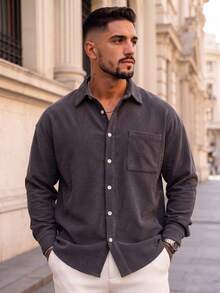Lookun Casual Men's Neutral Style Spring Summer Autumn Winter Long Sleeve Button-Up Loose Fit Shirt, Minimalist Commuter Top - Grey - View 3