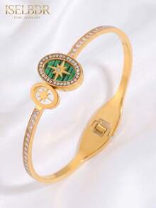 2pcs/Set Unisex Gold & Silver Stainless Steel Polaris Rhinestone Bracelet Set, 18K Gold Plated Green Striped Hollow Design Bracelet, Elegant Daily Jewelry Gift - Multicolor - View 5