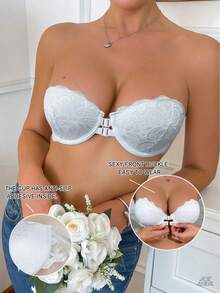 Women's Strapless Front Closure Lace Push-Up Underwire Bra, Backless Non-Slip Bandeau Lingerie, Heart-Shaped Cup Panty Set - White - View 4
