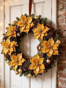 1pc Gold Velvet Poinsettia Artificial Christmas Flower Stem, Shiny Christmas Tree Decoration, Faux Floral Stem, Suitable For Wreaths, Fireplace Mantels, Holiday Home Decor - Multicolor - View 2