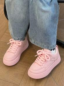 1 Pair Kids Thick Sole Casual Skate Shoes, Chunky Laces, Wavy Stitching Design, Breathable, Non-Slip, Soft Bottom, Versatile Daily Sports Shoes - Pink - View 3