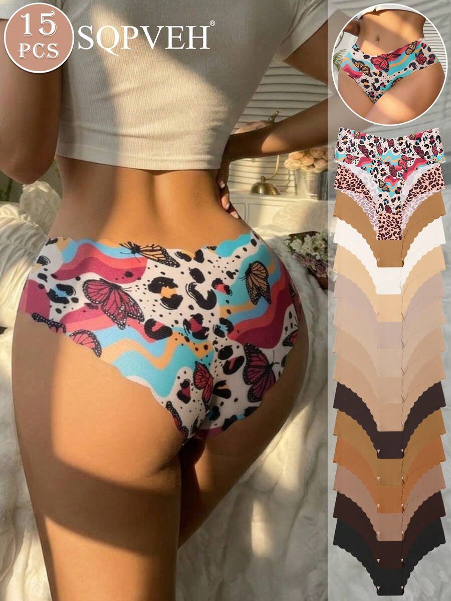 SQPVEH 15pcs/Pack Solid Color & Leopard Print Wavy Edge Design Fashion Women's Panties Sexy Seamless Smooth Comfortable Breathable