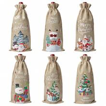 6pcs Christmas Wine Bottle Decoration Bags, Colorful Linen Christmas Pattern Printed Wine Bottle Drawstring Bags, Multiple Patterns And Colors Available - View 8