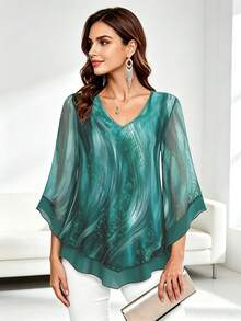 CheersLife Women's Elegant V-Neck Double-Layer Elastic Mesh Casual Flowy Work Blouse With Ruffle Trim, 3/4 Bell Sleeves And Cinched Waist Spring - Cadet Blue - View 1