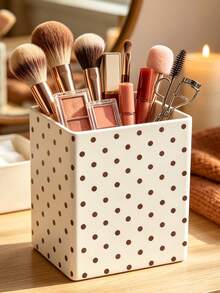 1pc New Brown Polka Dot Multifunctional Storage Organizer Box - Cosmetic Storage Box, Desktop Organizer Rack, Bathroom Countertop Storage Rack (Suitable For Storing Cosmetics, Makeup Brushes, Jewelry, Tableware, Straws, Tea Bags, Pens, Remote Controls And Small Items); Suitable For Vanity, Bathroom, Kitchen, Office, Bedroom, Living Room Compact Space-Saving Storage Supplies (Please Note Size And Random Polka Dot Position And Size Before Ordering) - Multicolor - View 6