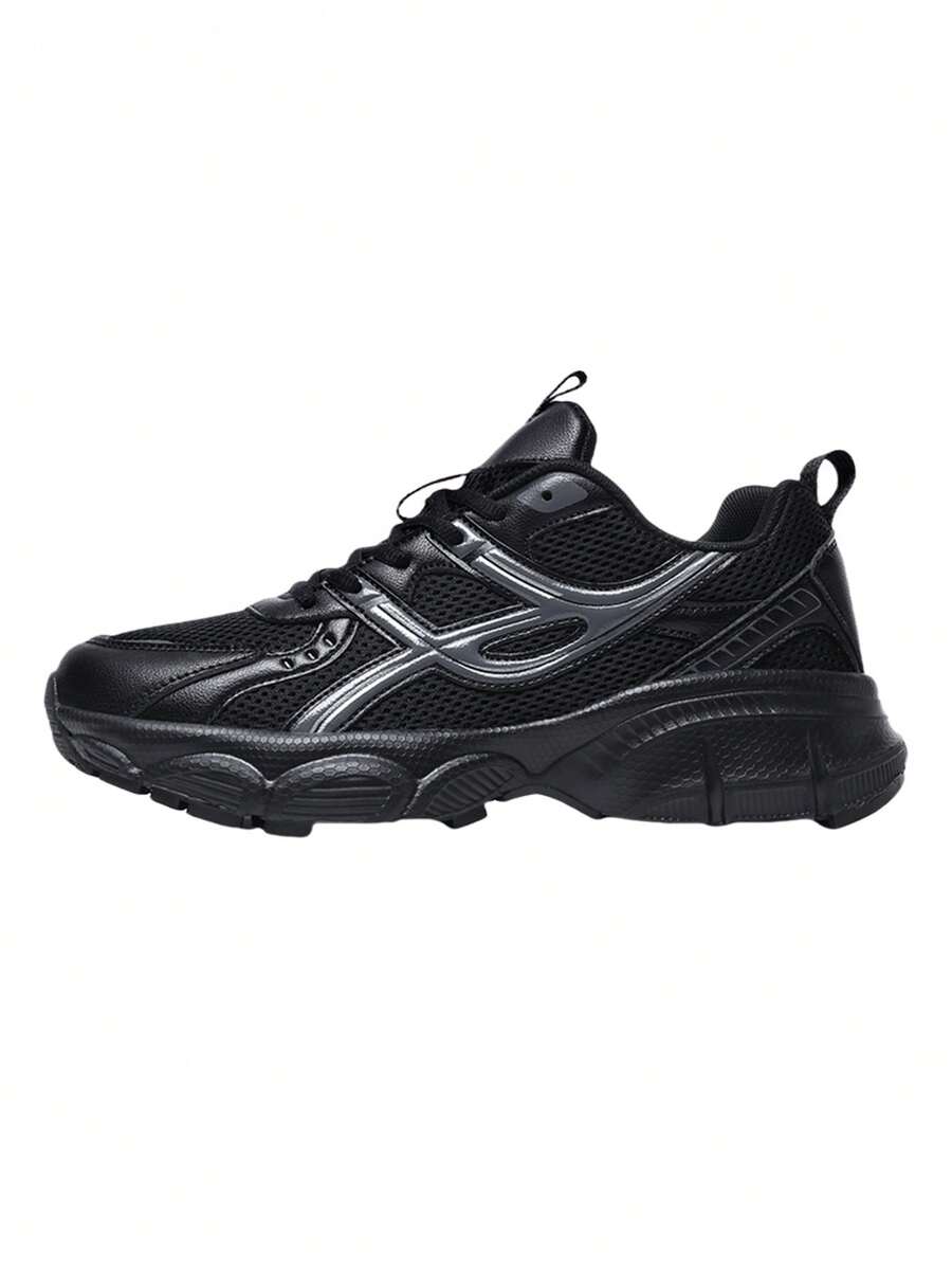 1 Pair Black Retro Casual Sports Running Basketball Shoes, Mesh Breathable Comfortable Durable Sole Shock-Absorbing Soft Bounce - Black - View 1