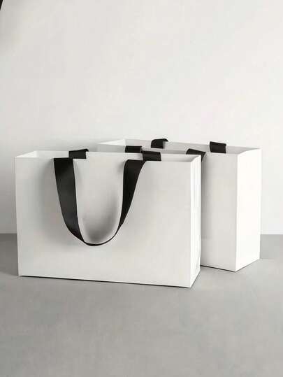 White Paper Gift Bag With Simple Handle, Black Ribbon Handle, Suitable For Clothing Store Gift Packaging, Wedding Party, Birthday Gifts, Holiday Gift Storage, Cosmetics, Etc., Multi-Purpose Shopping Packaging Bag