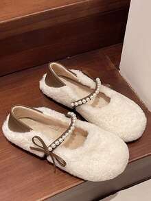 New Women's Suede Mary Jane Shoes, Minimalist Fashion Design, Pearl Strap Decoration, Versatile For Daily Wear And Office - Off-white - View 2
