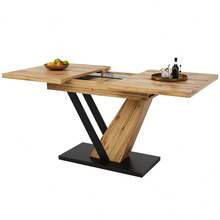 Dining Table Telescopic Table (120-160*75cm), Extendable Table, Extendable To 120-160cm With Aid Of Internal Insert Panels, Kitchen And Living Room, Dining Table With Black Marble Pattern - Natural + MDF - View 8