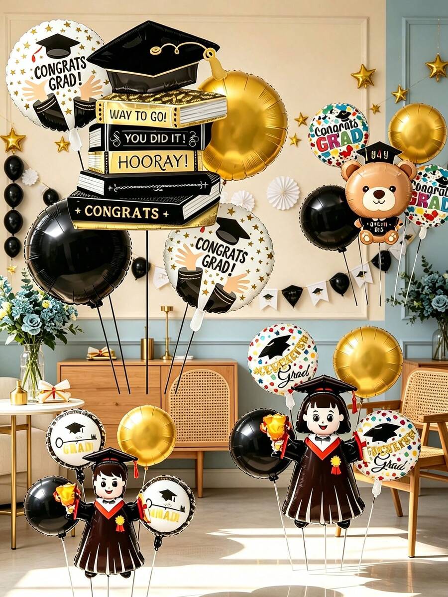 This Set Includes A Classic Square Graduation Cap, A Stack Of Books And A Graduate-Shaped Balloon, Perfect For Adding A Sense Of Ceremony To Graduation Ceremonies, Teacher Appreciation Dinners Or Class Reunions - View 1