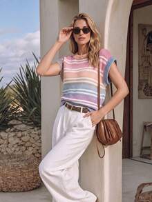 NiceArt Women's Autumn/Winter Rainbow Gradient Striped Knit Vest, Hollow Cap Sleeve Fuzzy Layering Knit Top, Autumn Outfit, Social, Halloween - Multicolor - View 4