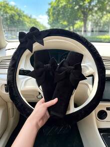 2 Buah Pelindung Bahu Setir Mobil Motif Pita Warna Polos, Set Dekorasi Pita Lembut yang Indah, Aksesoris Interior Mobil - Penutup roda kemudi - View 3