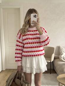 Sweater Pullover Kasual Wanita Warna Pink untuk Musim Gugur/Dingin, Atasan Lengan Panjang Bahu Longgar Rajut Bergaris Warna Blok, Set Pakaian Kembali ke Sekolah Musim Gugur - MultiWarna - View 2