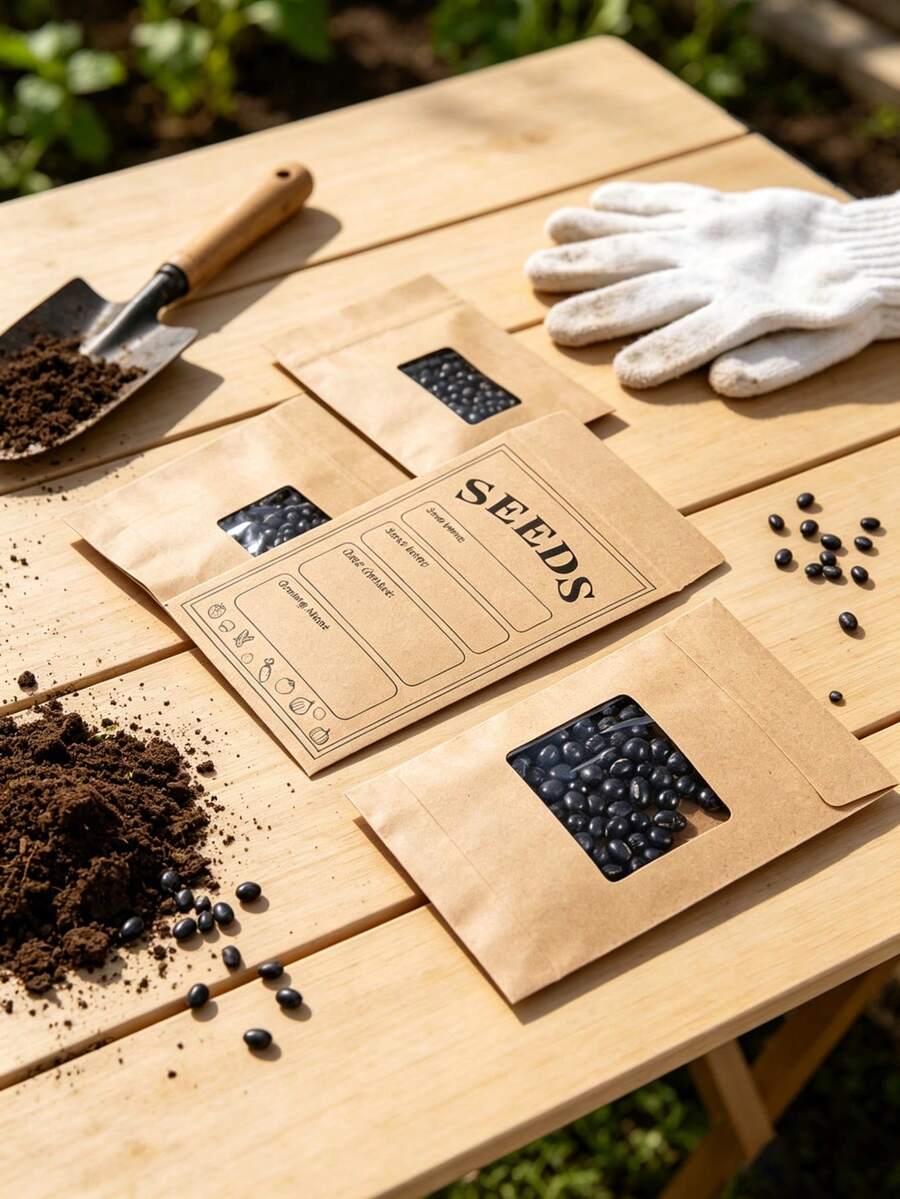 50pcs Kraft Paper Seed Storage Envelopes With Transparent Window, Pre-Printed Seed Record Template, Self-Sealing Reusable Seed Bags, Vegetable Flower Herb Seed Collection Paper Storage Envelopes, Garden Harvest Seed Organizing Envelopes - Wood Color - View 1