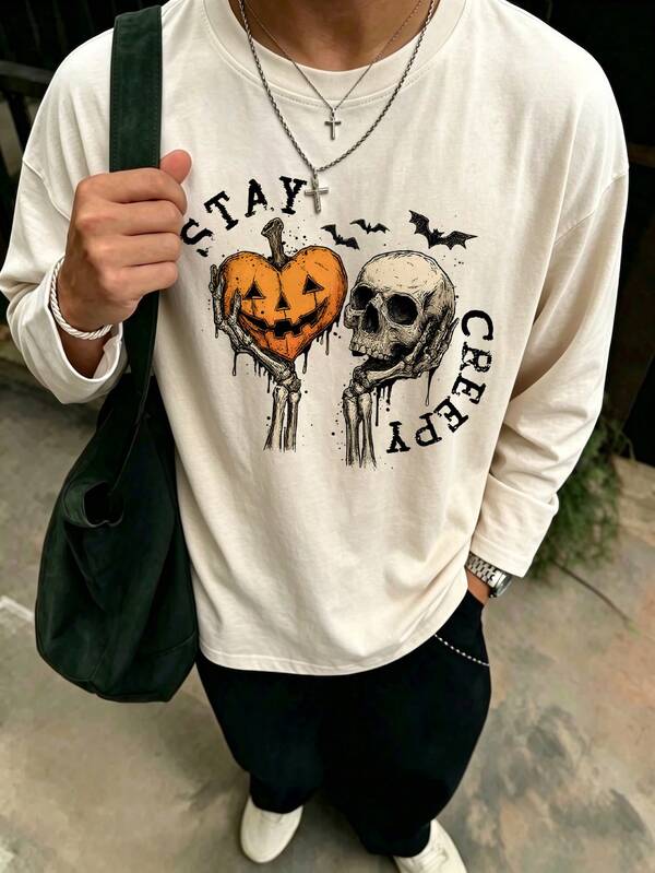 Beige American Dark Style Long Sleeve Top, Skull Bone Hand Heart Pumpkin Bat Distressed Graffiti Print Men's Loose Round Neck Casual Base Layer T-Shirt
