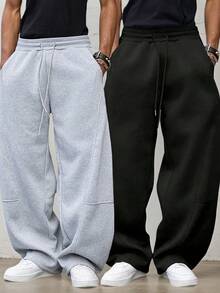 2pcs Street Style Y2K Patchwork Water-Resistant Pants Men High Waist Loose Drawstring Wide Leg Gray-Black Sweatpants Joggers Autumn - Multicolor - View 3