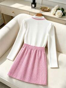 Autumn Girls' Fashion Casual Colorblock Ribbed Jacket And Skirt Set - Pink - View 2