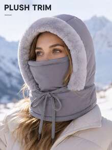 Thickened Hooded Hat With Face Mask And Neck Guard, Plush Trim Winter Headwear, Drawstring, Soft And Comfortable Cold Weather Accessory, Unisex, Outdoor Travel, Commuting, Walking, Daily Wear, Multiple Colors, Autumn/Winter - Multicolor - View 5