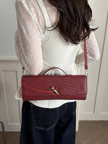Women's Vintage Minimalist Faux Woven Texture Angora Red Retro Flap Lock Large Capacity Clutch Bag - Red - View 5