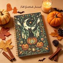 1pc 14*21cm Spiral Notebook, Vintage Witchy Halloween Design For School, Home, Office, Note Taking, Journaling, Daily Planner, Black Cat Crescent Moon Ghost Pumpkin Bat Candle Pattern - Multicolor - View 1