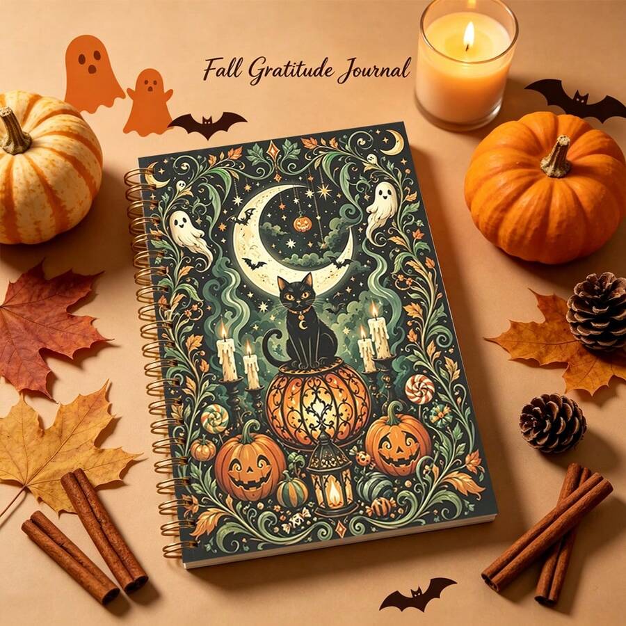 1pc 14*21cm Spiral Notebook, Vintage Witchy Halloween Design For School, Home, Office, Note Taking, Journaling, Daily Planner, Black Cat Crescent Moon Ghost Pumpkin Bat Candle Pattern - Multicolor - View 1