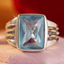 Gmzalx Minimalist Wide Band Women's Ring, Rectangular Aquamarine Synthetic Zirconia Inlaid, 3D Vertical Textured Hollow Ring, Suitable For Daily Commute, Business And Banquet - Two-color - View 5