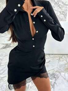 Women's Solid Color Elegant Casual Woven Fabric Front Button Lace Patchwork Ruffle Waist Shirt Collar Dress, Suitable For Office Wear In Autumn And Spring Black - Black - View 4