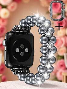 Pulsera de joyería con cuentas - Pulsera de perlas y diamantes de doble hilera + circonita cúbica de doble hilera compatible con Apple Watch 38 mm 40 mm 41 mm 42 mm 44 mm 45 mm 46 mm 49 mm S10/11-42 mm - Correa elástica para mujer - Diseño sencillo, elegante, moderno y brillante de perlas y diamantes - Cuerda cómoda, ligera y duradera - Se adapta a muñecas de 14 a 16 cm de circunferencia - Accesorio de correa de repuesto - 45mm - Ver 12