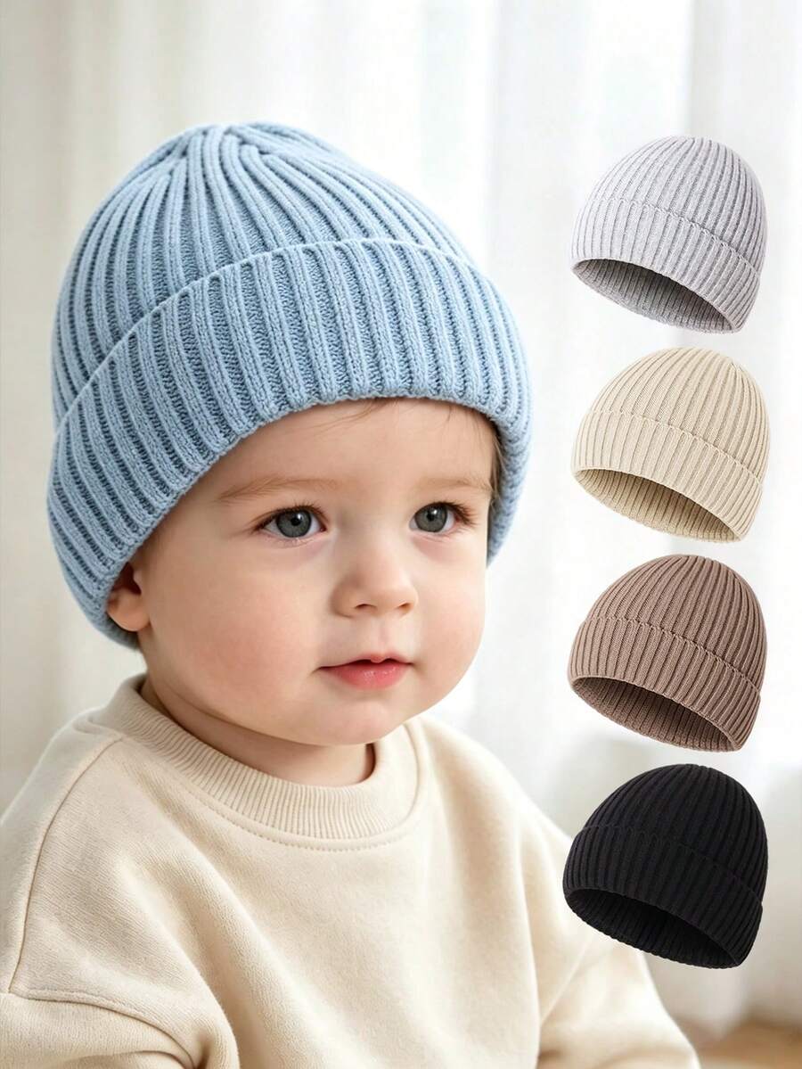 Solid Color Ribbed Knit Baby Beanie, Warm Elastic Infant Hat For Boys And Girls, Autumn/Winter Outdoor Warm Woolen Cap - Baby Boy Series - View 1