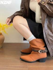 NZNF 1 Pair Contrast Color Western Style Buckle Thick Sole Slip-On Women's Retro Knight Boots Matte Chunky Heel Mid-Calf Boots Outdoor - Burnt Orange - View 10