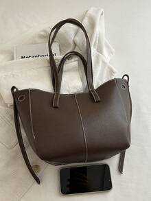 1pc Solid Color PU Commuter Shopping Large Capacity Minimalist Exquisite Versatile Casual Daily Modern Style Tote Bag - Coffee - View 3