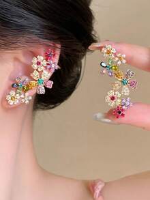 Anting Tusuk dan Manset Telinga Bunga Bertabur Berlian Imitasi Berwarna-warni Dopamine, Perhiasan Telinga Desain Unik - MultiWarna - View 1