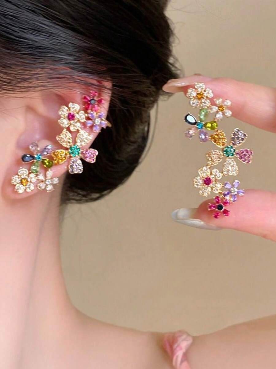 Anting Tusuk dan Manset Telinga Bunga Bertabur Berlian Imitasi Berwarna-warni Dopamine, Perhiasan Telinga Desain Unik - MultiWarna - View 1