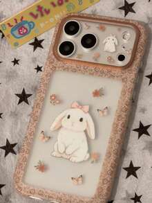 Korean Sweet Cute Pink Floral Rabbit Phone Case Compatible With Apple 17 Pro Max, 15 New 16 Pro Women's 13 Foldable Stand 15 Pro Leather Texture 14 Shockproof Protective Cover - Brown - View 4