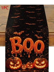 Halloween Table Runner, Throw Pillow, Placemat, Black Background Halloween Glowing Dripping BOO Lettering Bat Spider Web Pumpkin Lantern Long Table Runner, Vintage Holiday Party Decor Fabric Table Mat - Multicolor - View 14