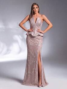 IBTRLY Elegant & Lively Lotus Pink Luxury Beaded Fabric Patchwork Satin Ruffle Trim Formal Evening Gown For Party, Birthday, Bachelorette, Wedding, Graduation, Homecoming, Prom, Ceremony, Red Carpet, Holiday (Intricate Design) - Dusty Pink - View 2