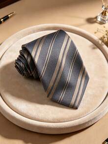 1pc Men's 8CM Hand-Stitched Fine Striped Tie, Suitable For Business, Commuting, Wedding, Banquet, Party, Cocktail, Travel - Grey - View 3