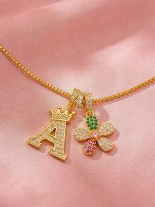 1pc Personalized Crown Letter & Colorful Flower Necklace Customized Alphabet Choker Kids Jewelry For Family Friends Birthday Gift For Girls Daily Wear - Gold - View 3