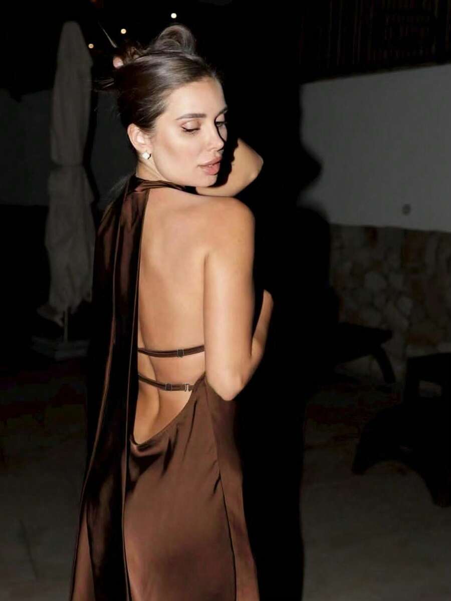 Elegant Women's Sleeveless Backless Knee-Length Pencil Dress Woven Fabric Cocktail Dress Wedding Party Brown Fall - Brown - View 1