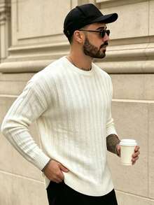 Lookun Autumn Winter Korean Style Men's New Drop Shoulder Minimalist Casual Anti-Pilling Textured Solid Color Crew Neck Pullover Knit Long Sleeve Sweater Knit Top - Apricot - View 3