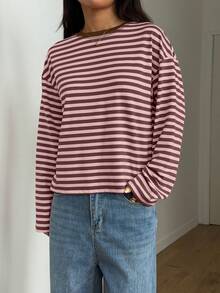 Casual Commute Daily Drop Shoulder Loose Striped Top Spring, French Girl Style - Rusty Rose - View 3