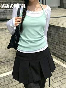 韓式簡約層次感掛脖背心與長袖T恤套裝，秋季 - 綠色 - 查看 3