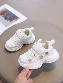 All-Season Kids' Back To School Sneakers, Breathable Soft Lightweight Chunky Sneakers, Floral Decor Upper, Non-Slip Wear-Resistant Sole, Suitable For Daily Running - Beige - View 4
