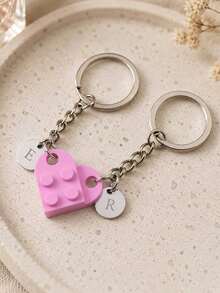 2pcs Customized Letter Heart-Shaped Keychain Set With Interlocking Heart, Customizable Engraved Name Initials, Couple Keychain Set, Valentine's Day Gift, Memorial Gift For Loved Ones - Multicolor - View 4