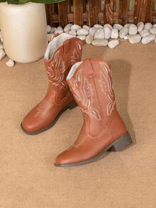 Women's Embroidered Western Cowboy Boots Square Toe Chunky Heel Mid-Calf Boots Vacation Style Versatile Riding Ankle Boots - Brown - View 2