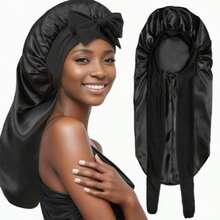 1pc Long Satin Bonnet For Women, Adjustable Tie Strap Sleep Cap, Stretch Hair Cover For Curly Hair, Nighttime Hair Protection & Beauty Care - Multicolor - View 6